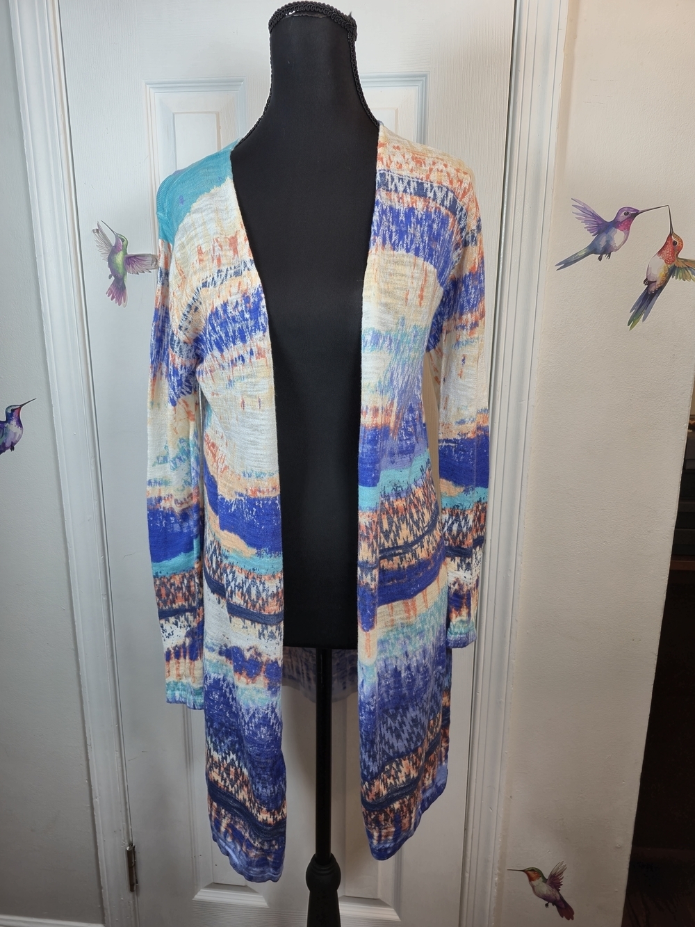 Ruby Rd. Petite Blue Multi Abstract Knit Longline Open Cardigan PS